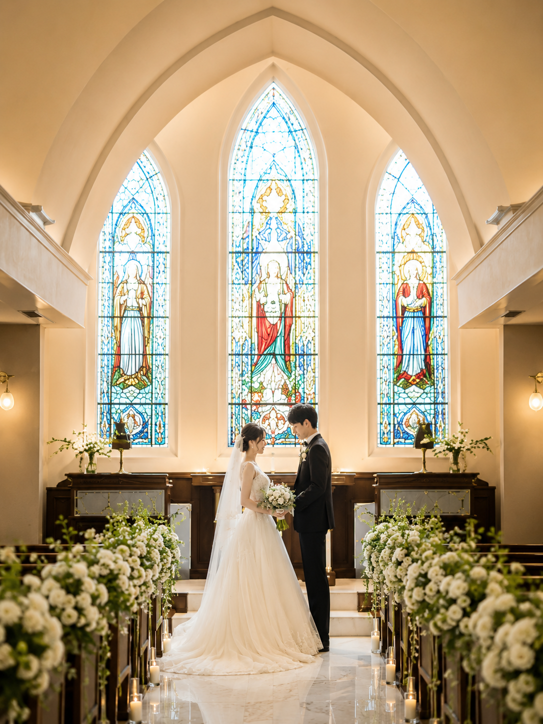 ステンドグラスと白い装花に包まれた大聖堂の祭壇前で向き合うウェディングドレスの新婦と黒タキシードの新郎