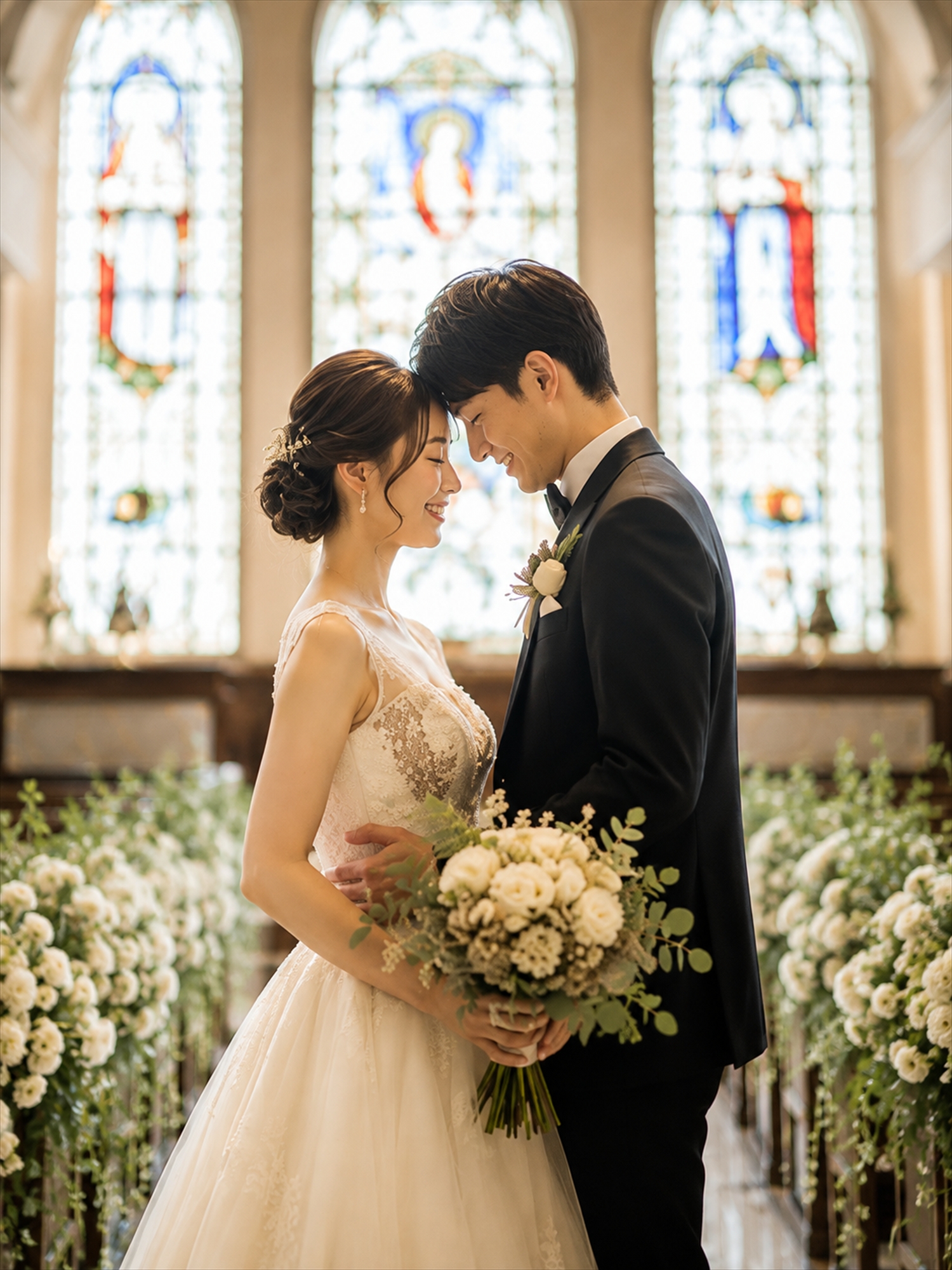 ステンドグラスを背にブーケを手に額を寄せ合うウェディングドレスの新婦と黒タキシードの新郎