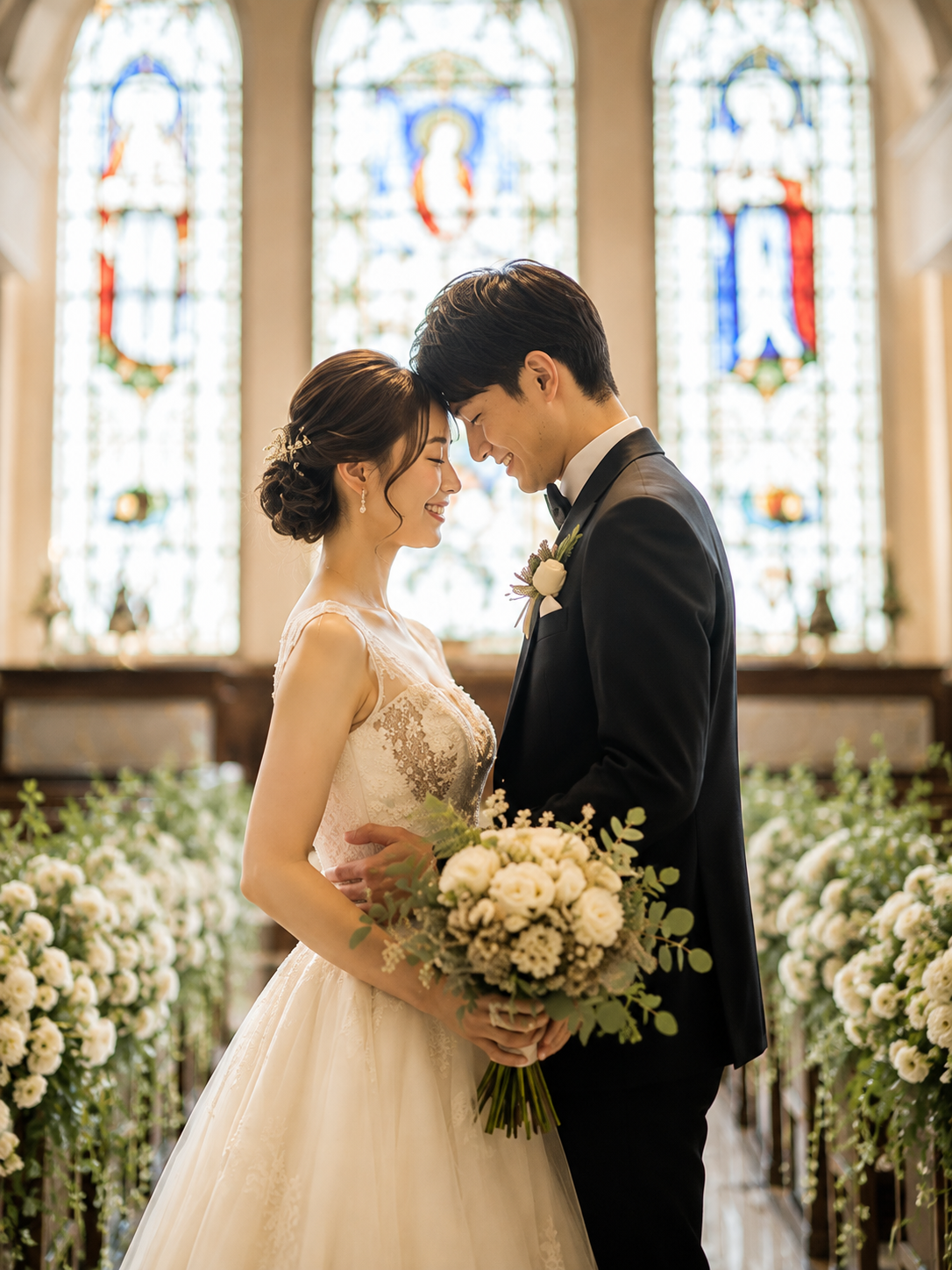 ステンドグラスを背にブーケを手に額を寄せ合うウェディングドレスの新婦と黒タキシードの新郎