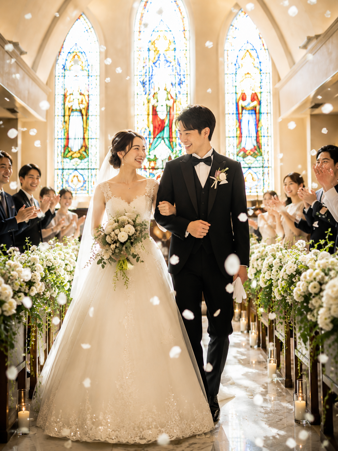 フラワーシャワーの中を腕を組んで退場するウェディングドレスの新婦と黒タキシードの新郎