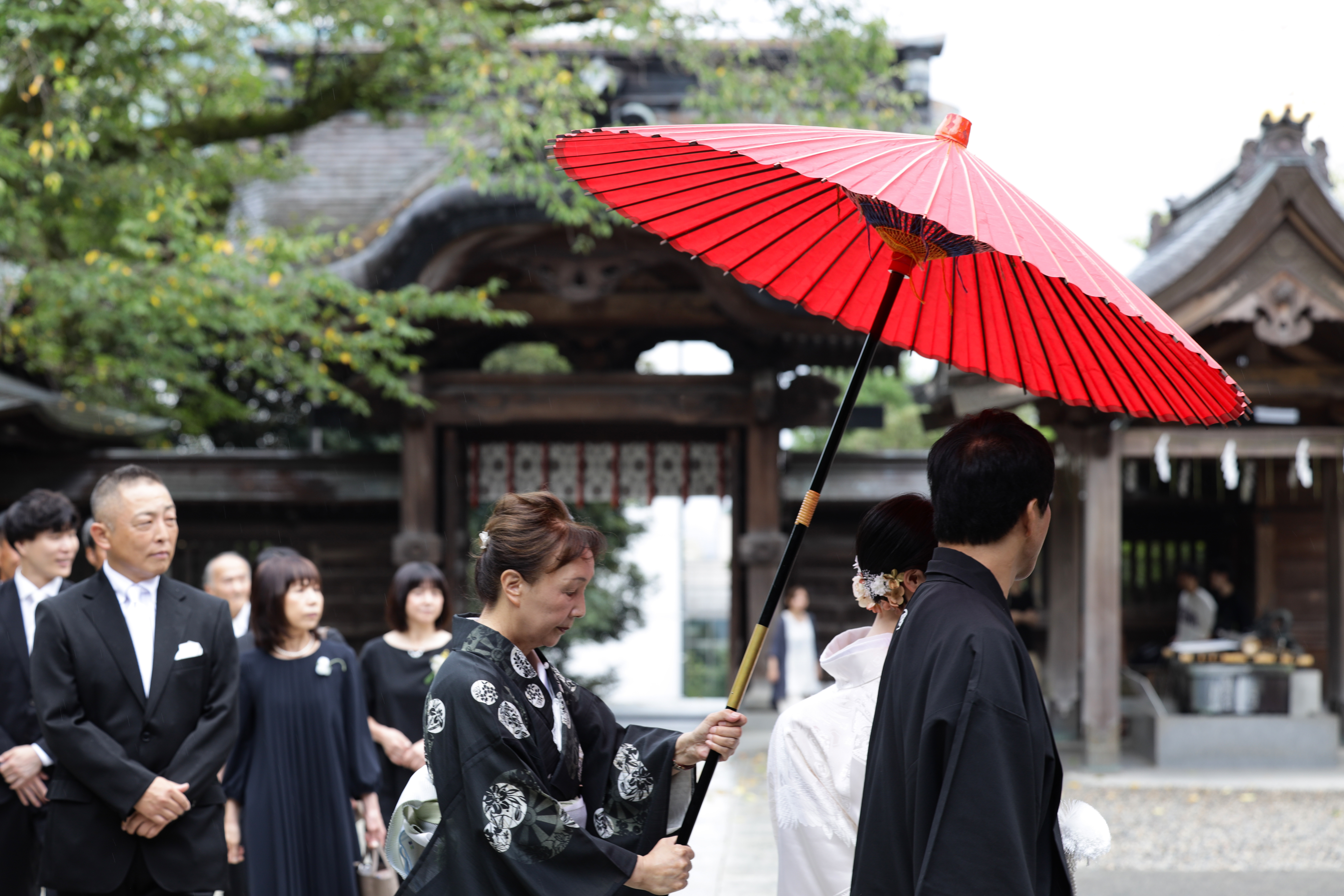 赤い和傘に守られ参列者に見守られながら神門へ進む白無垢の花嫁と紋付袴の花婿