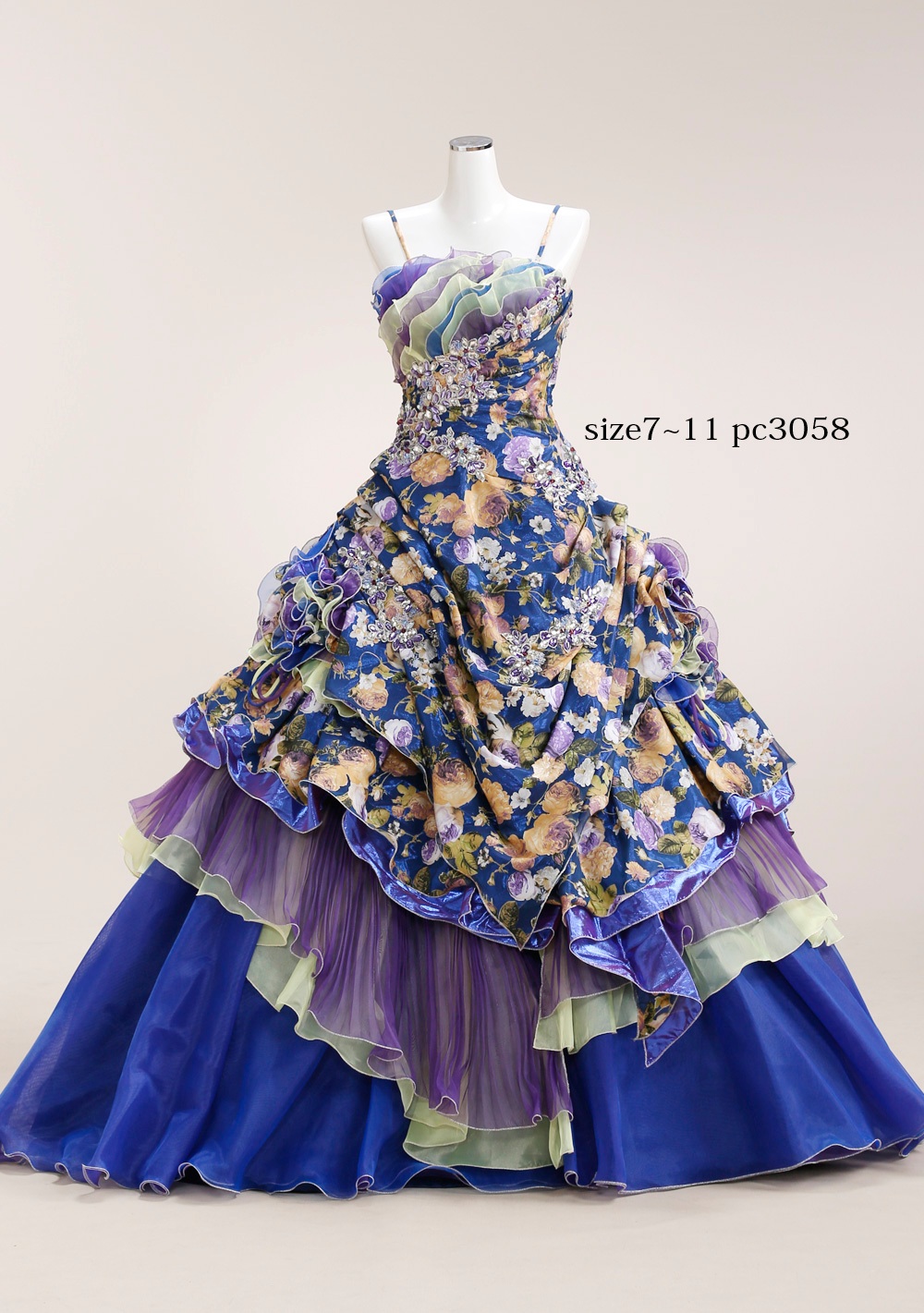カラードレス No.3058｜ブルー地花柄プリント・ティアードピックアップスカート