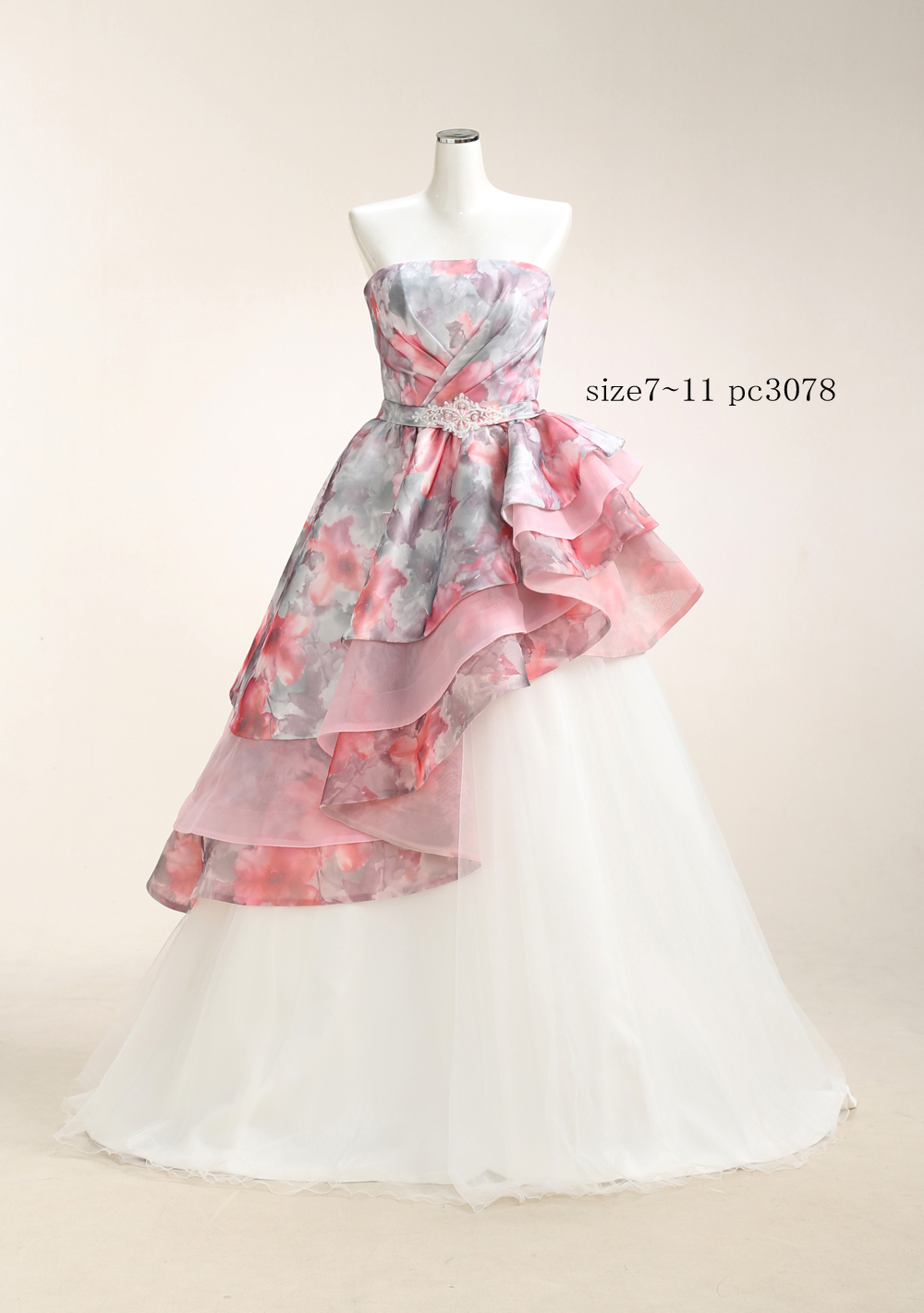 カラードレス No.3078｜グレー×ピンクの花柄プリントとチュールスカートの切替ドレス