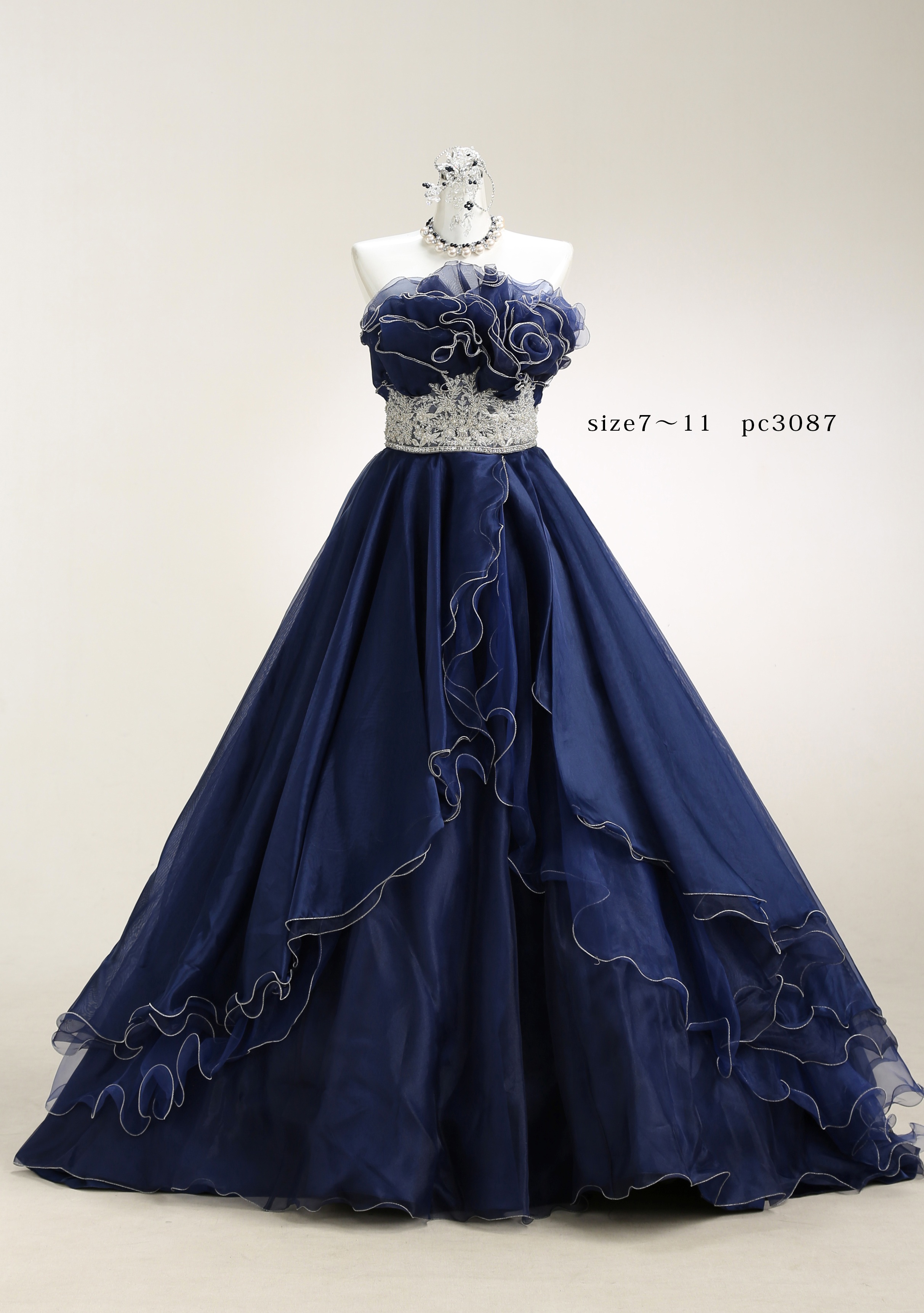 カラードレス No.3087｜ネイビー・立体ローズモチーフとビジュー刺繍のAラインドレス