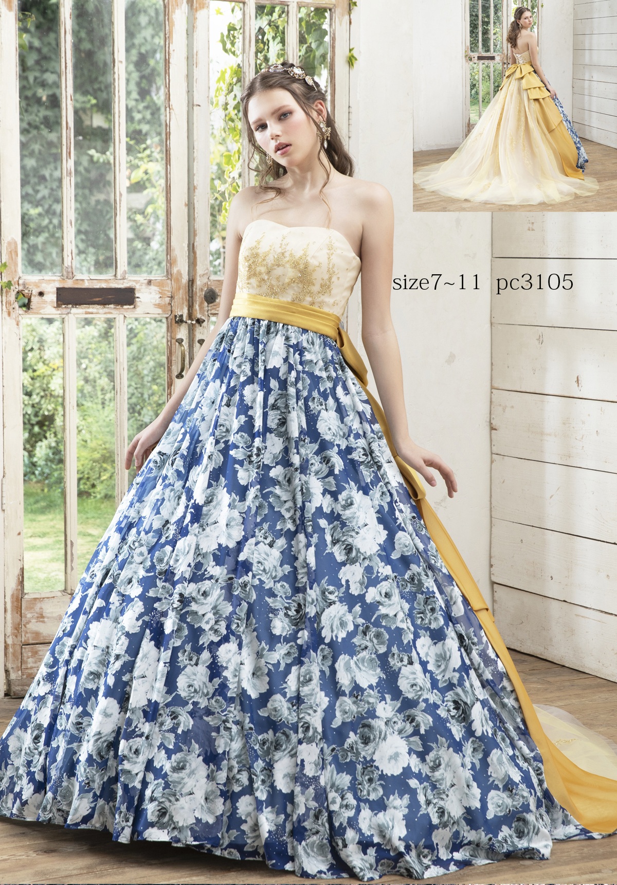 カラードレス No.3105｜アイボリー×ネイビー花柄プリントの切替Aラインドレス