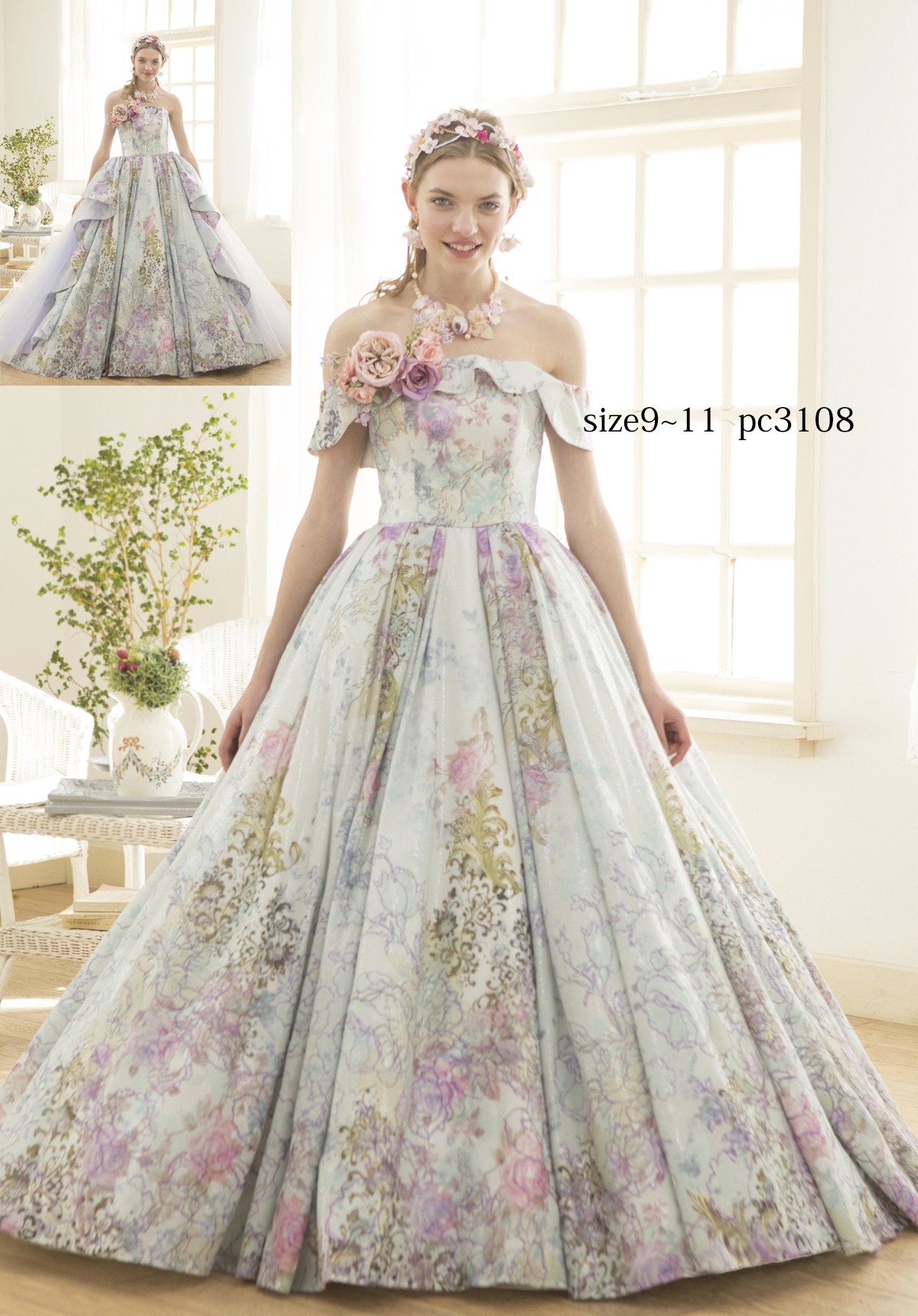 カラードレス No.3108｜ペールブルー×パステル花柄プリントのオフショルダードレス