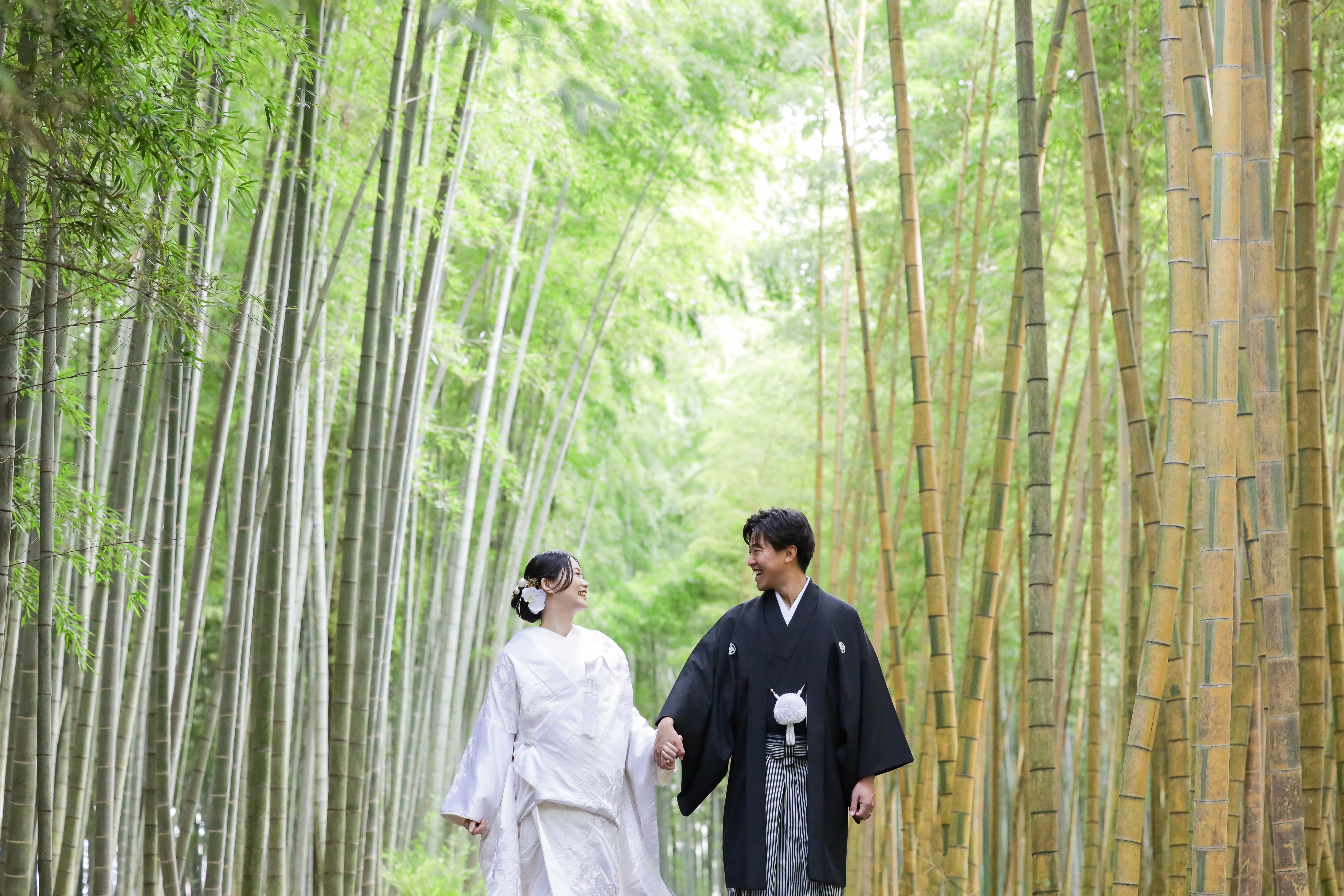 青竹に囲まれた小径を手をつないで歩く白無垢の新婦と黒紋付袴の新郎