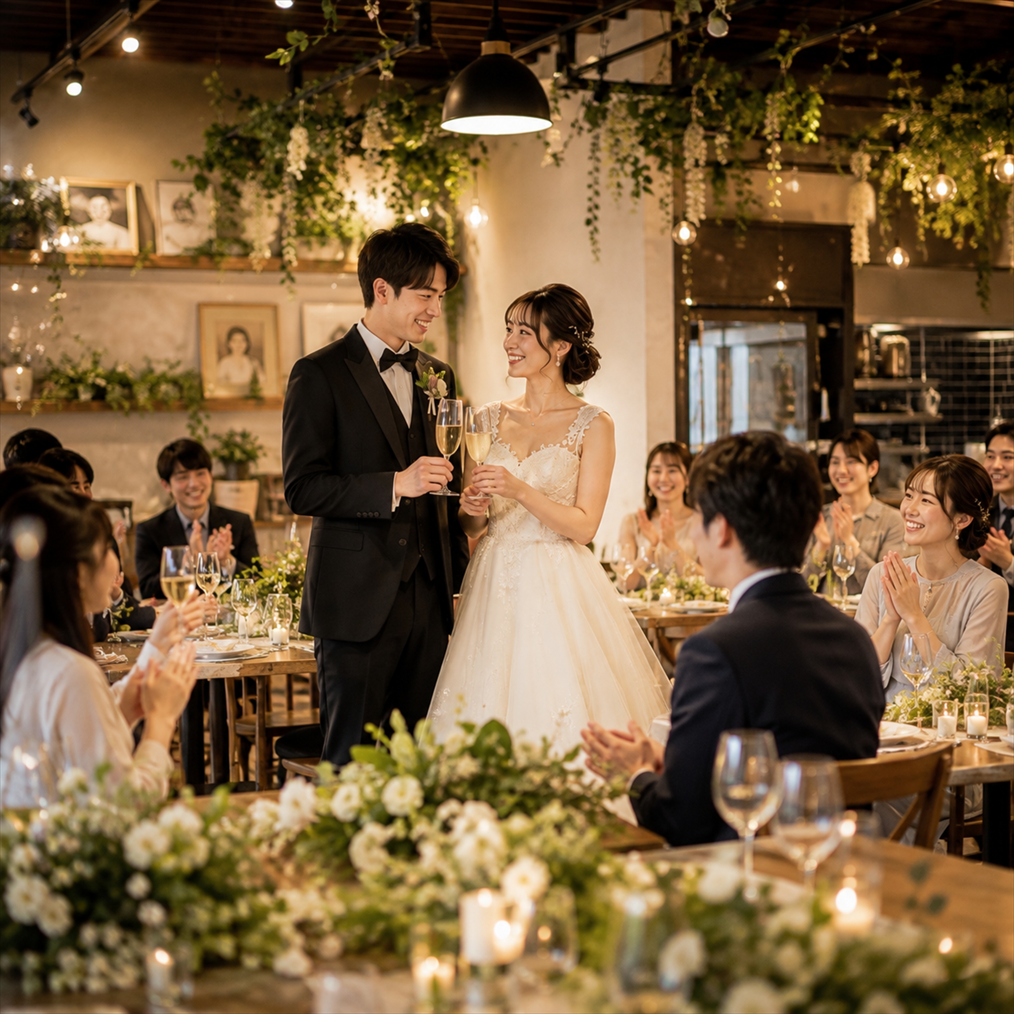 グリーンと電球に彩られた貸切レストランで乾杯する新郎新婦と拍手を送るゲスト