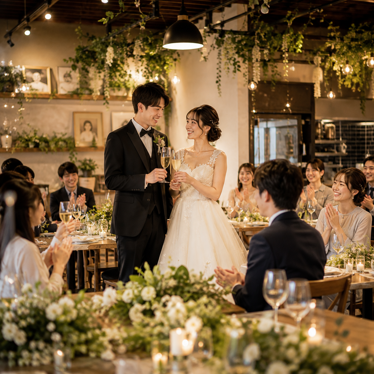 グリーンと電球に彩られた貸切レストランで乾杯する新郎新婦と拍手を送るゲスト