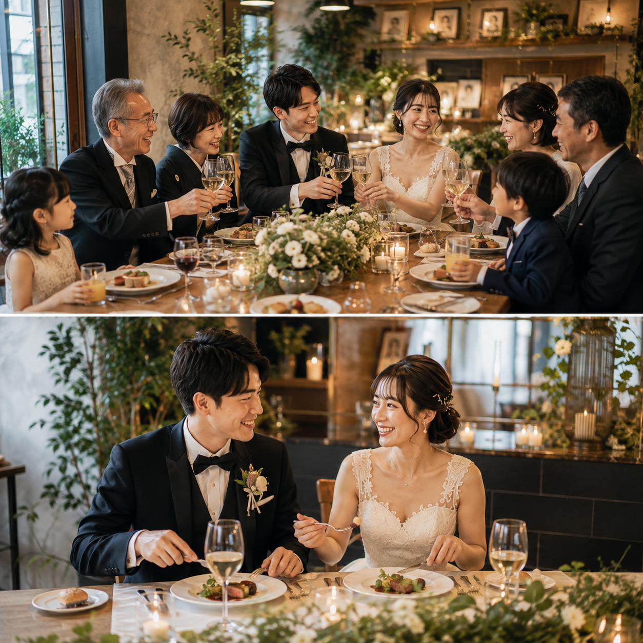 家族と囲む披露宴テーブルでの乾杯と、ふたりで料理を楽しむウェディングドレスの新婦と新郎
