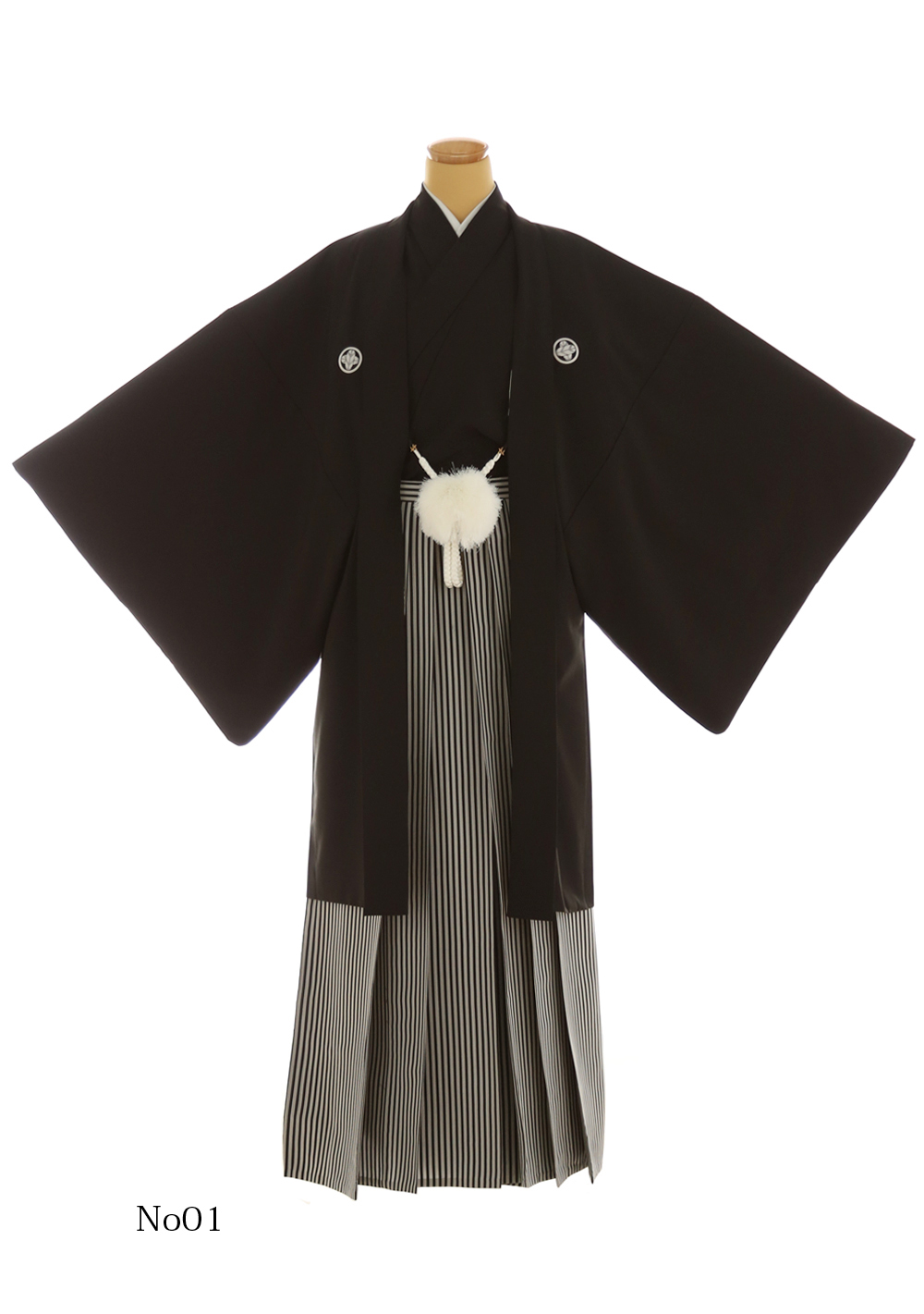 紋付袴 h-01｜黒の羽織袴・縦縞袴・白の房飾り