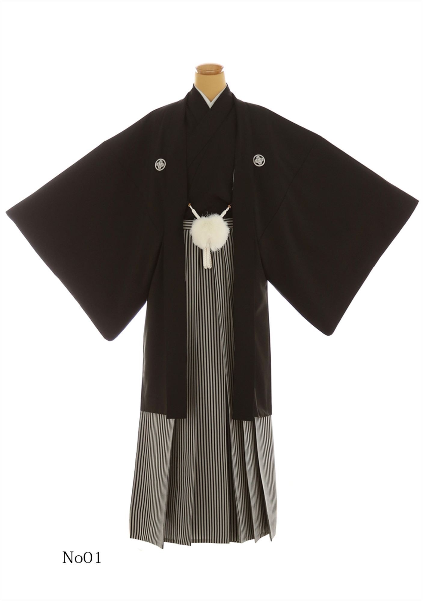 紋付袴 h-01｜黒の羽織袴・縦縞袴・白の房飾り