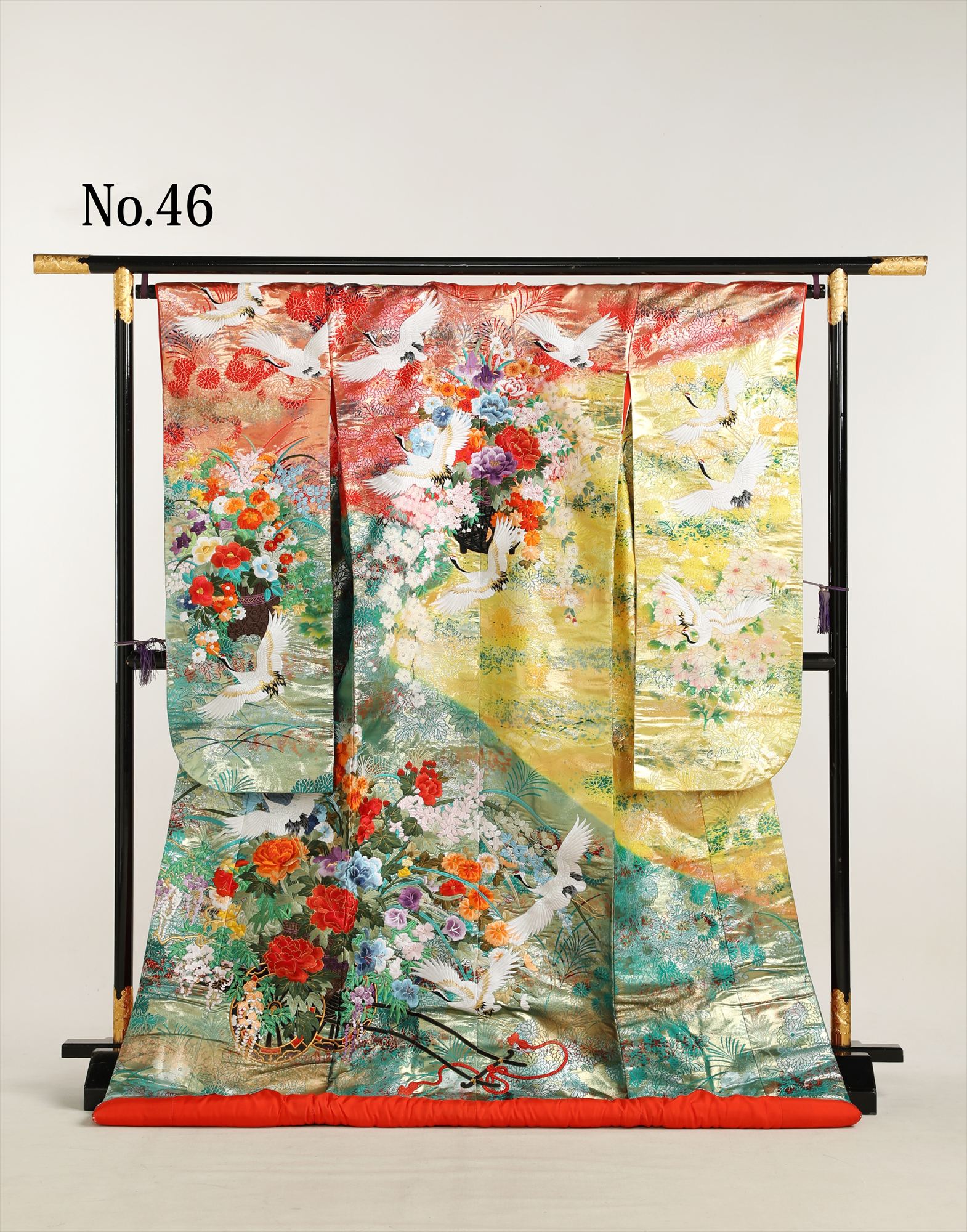 和装 色打掛 No.46｜赤緑金の三色暈し・花籠と鶴