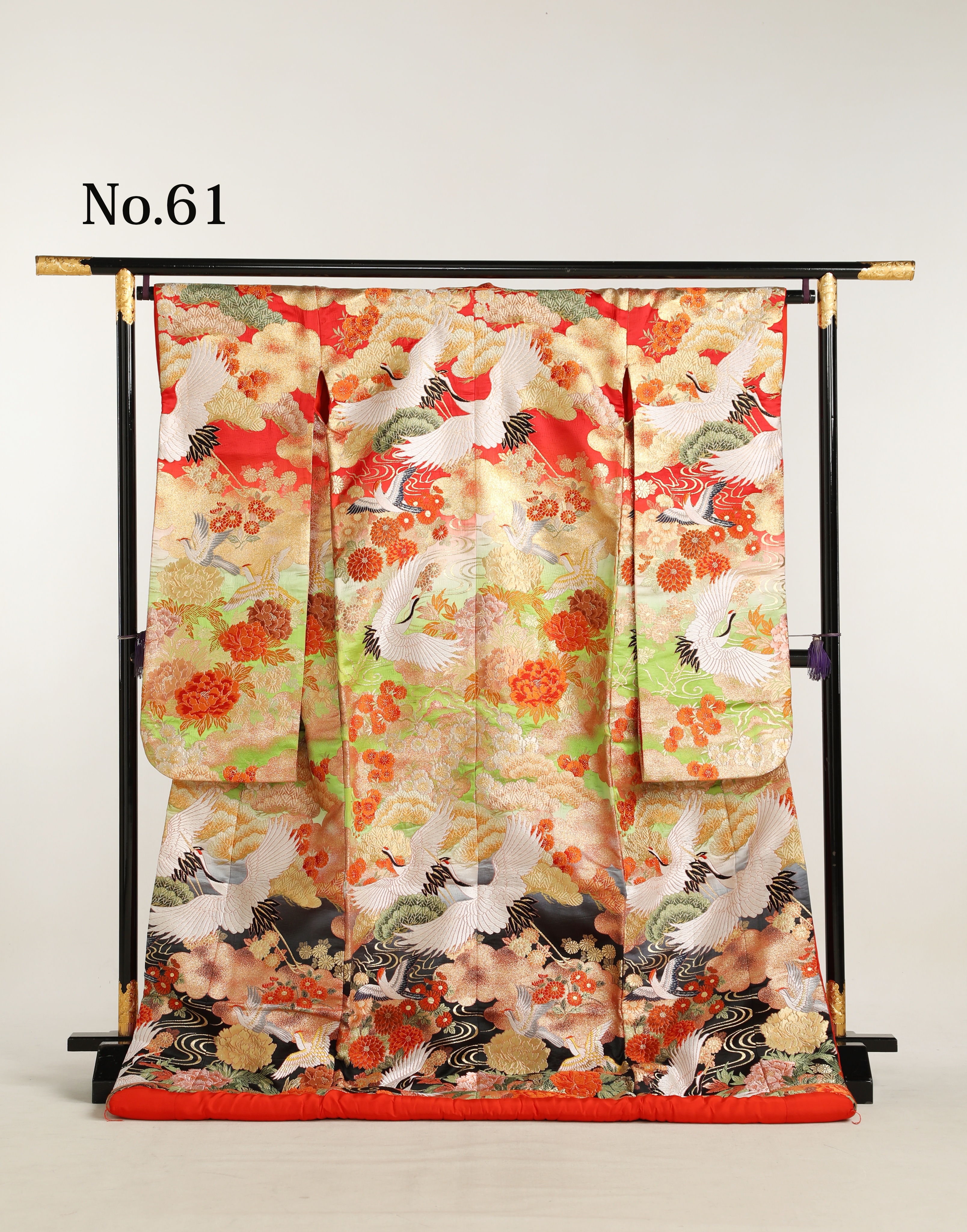 和装 色打掛 No.61｜赤緑黒の三色暈し・鶴と牡丹